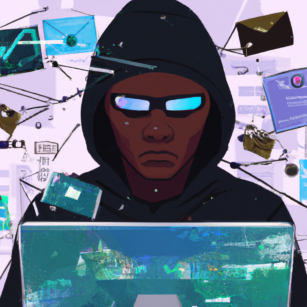 Hacker using AI in cybersecurity threats with deepfake and phishing visuals