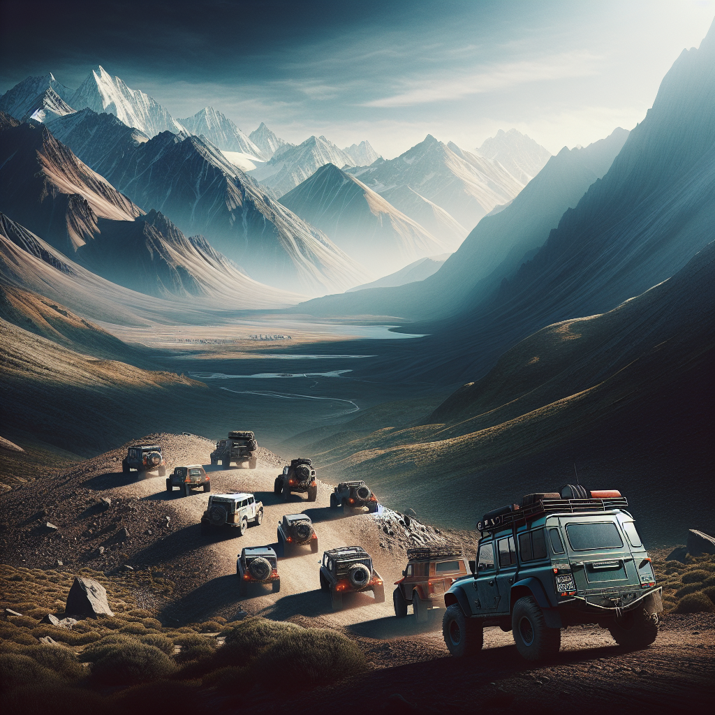 Convoy of off-road vehicles in the mountains using connected car technology for navigation and communication
