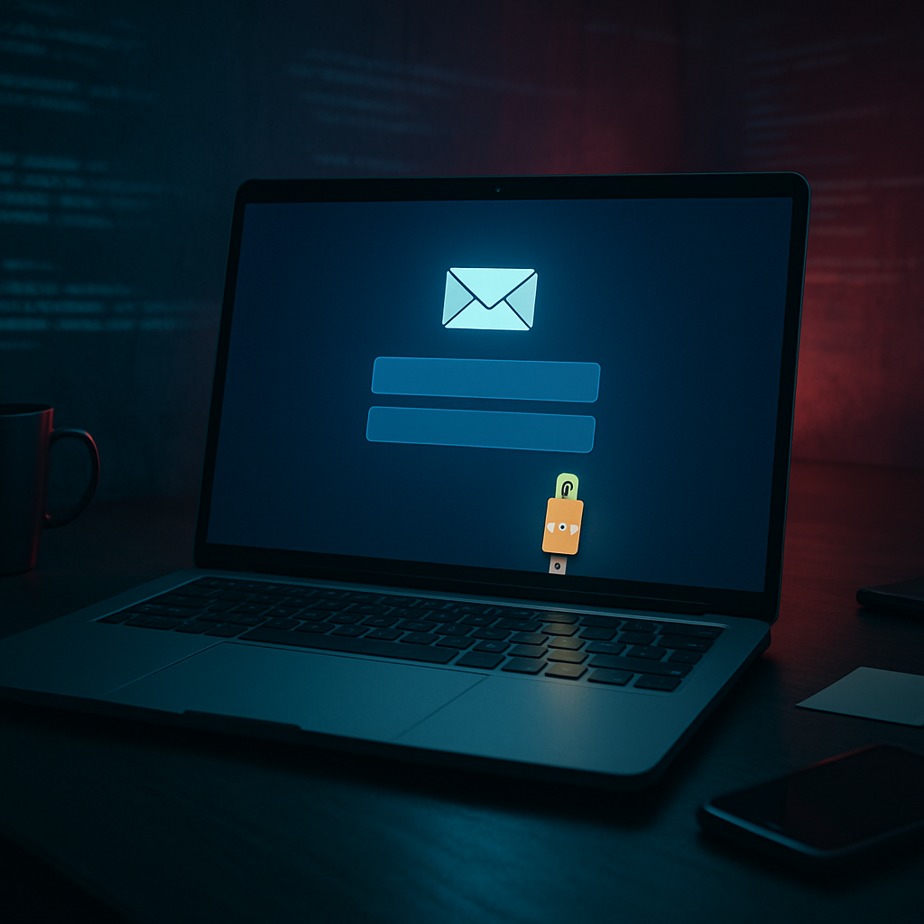 Laptop secured with a hardware key representing strong email security for hackers