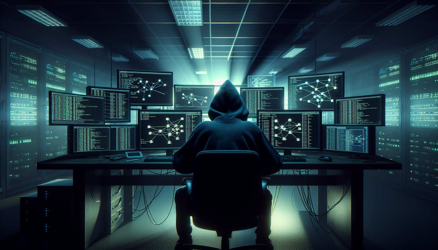 Anonymous hacker setting up VPN Tor proxy chaining on multiple monitors in a dark room