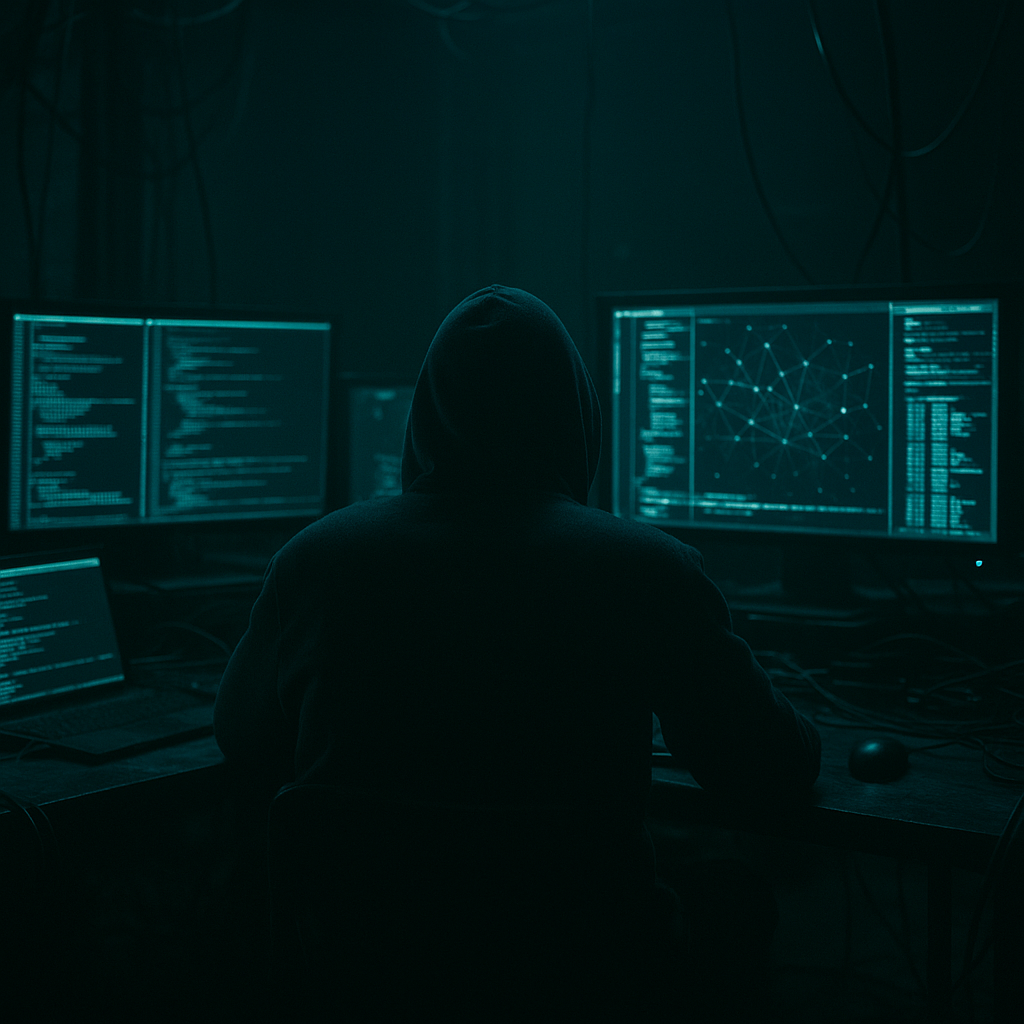 Anonymous hacker using OSINT tools 2026 on multiple monitors in a dark room