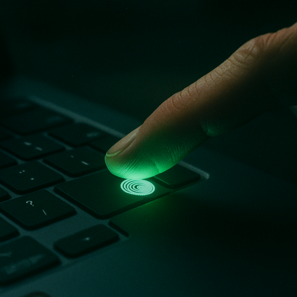 Close-up of fingerprint sensor being used to authenticate a passkey on a laptop