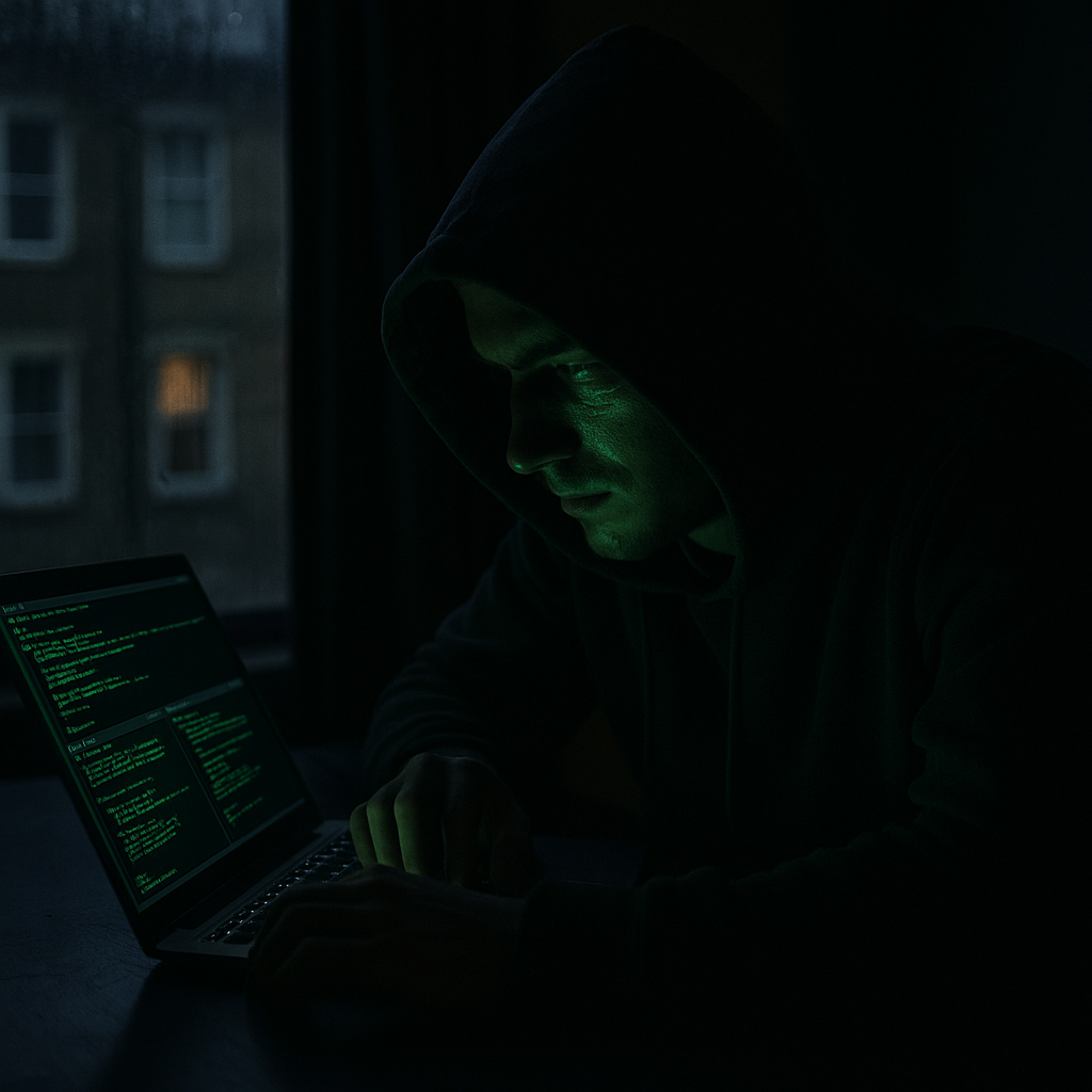 Hooded hacker at laptop screen demonstrating prompt injection attacks in dark room