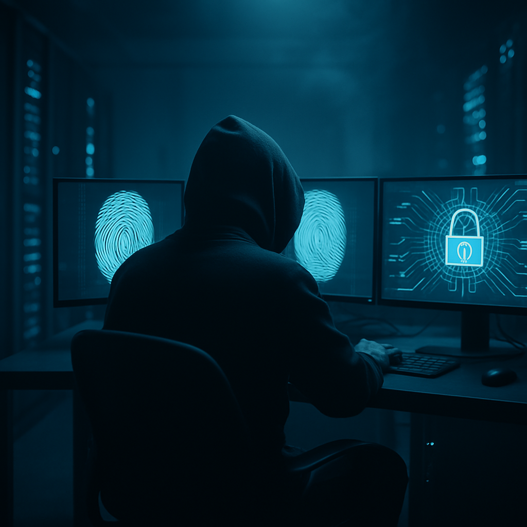 Hooded hacker examining passkeys authentication system on multiple dark monitors in a server room