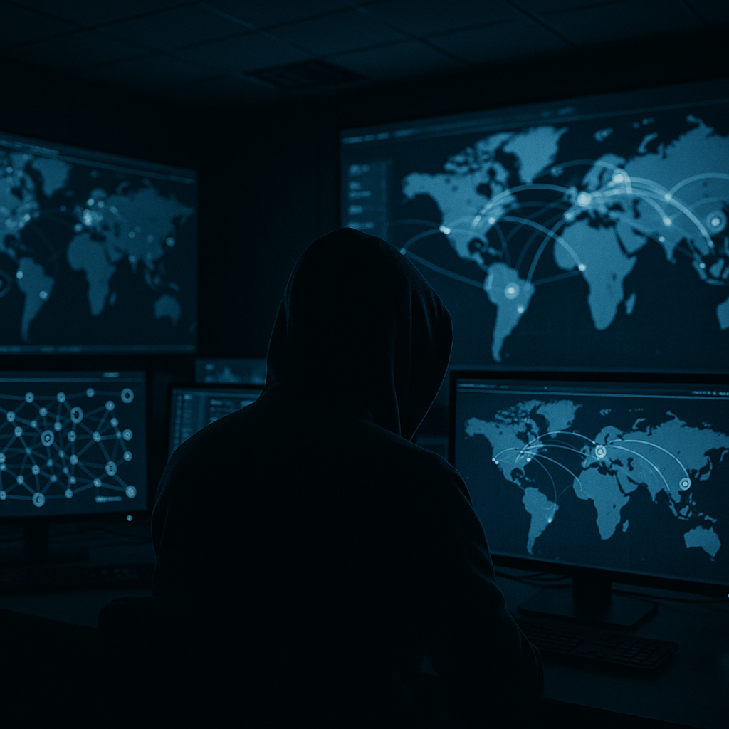 Cybersecurity analyst monitoring NCSC early warning service UK architecture on dark operations centre screens