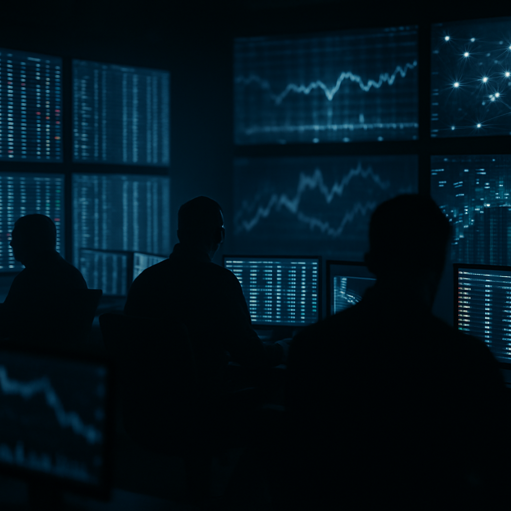 FCA market surveillance RegTech UK operations centre with multiple data screens showing live trading patterns at night