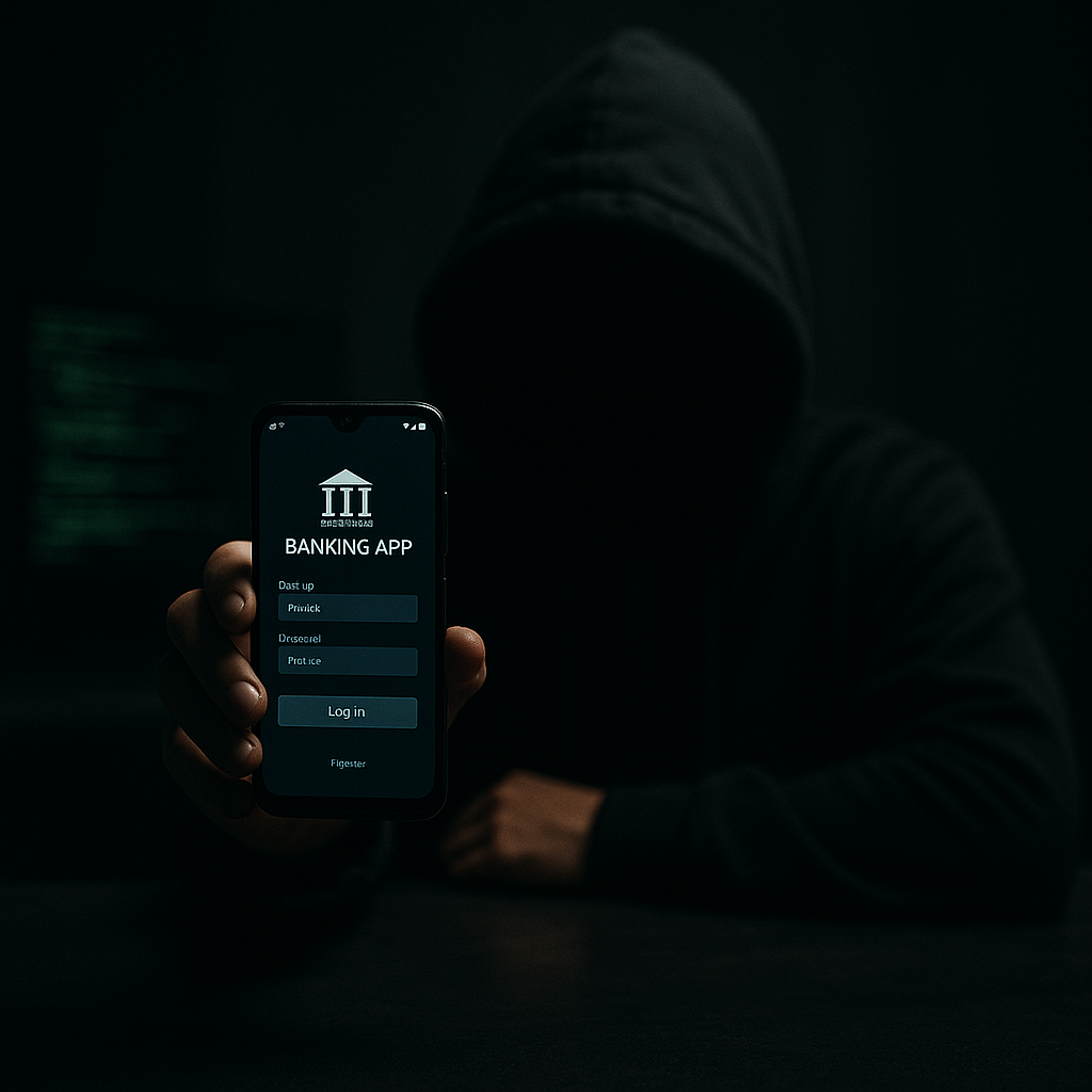 Hooded figure holding Android phone showing banking app in context of android banking malware uk 2026